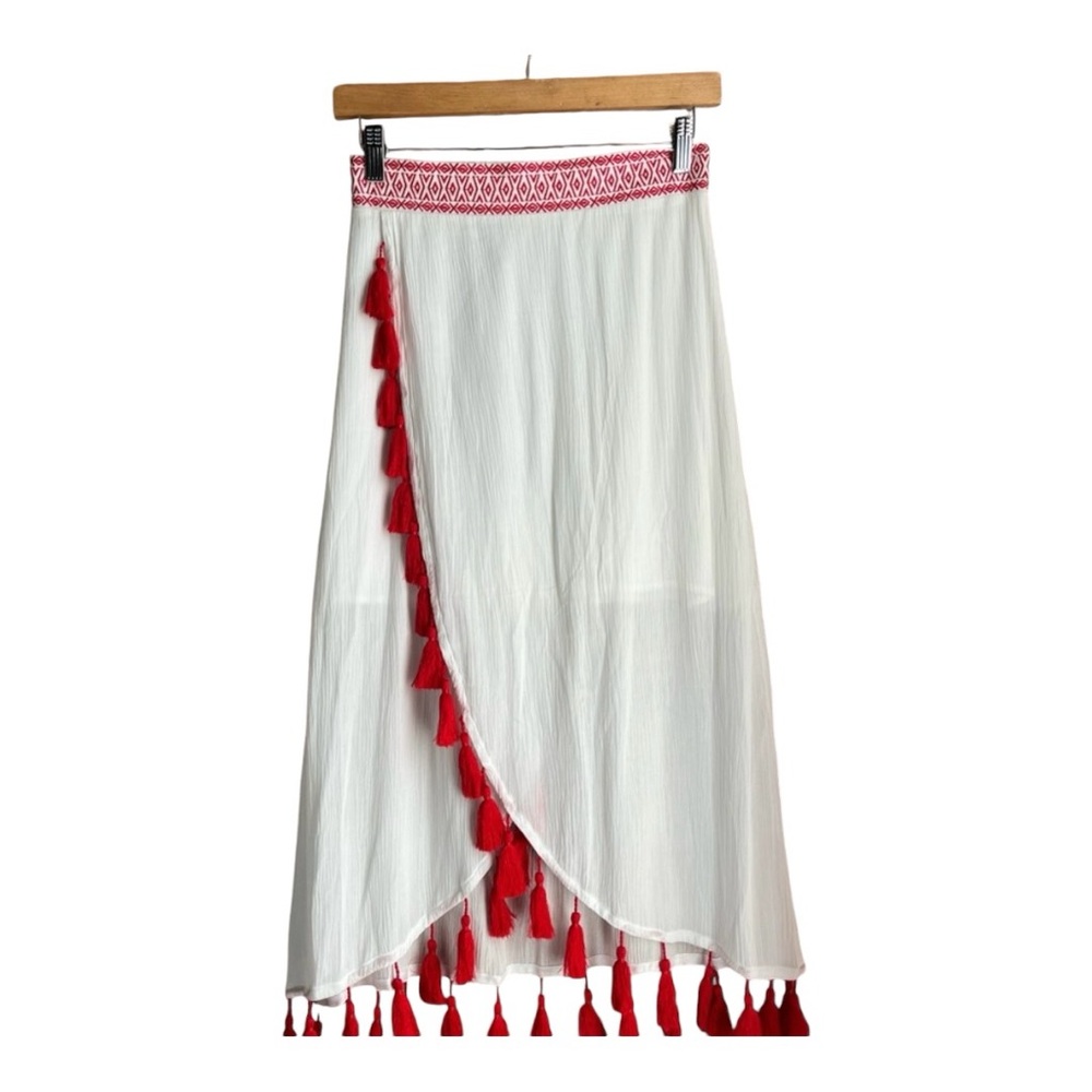 Show Me Your Mumu Leilani White & Red Tassel Midi Wrap Skirt Women’s Size XS NWT - Picture 4 of 6